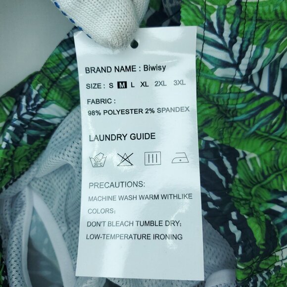 Biwisy Swim Shorts Mens Medium Green Trunks Palm Trees Mesh Lined All Over Print - Picture 6 of 11